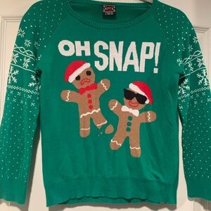 Green Oh Snap Christmas Sweater with Gingerbread Design